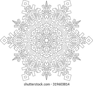 Outlines of snowflake in mono line style for coloring, coloring book. Vector geometric pattern. 
