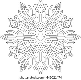 Outlines of snowflake in mono line style for coloring, coloring book. Vector geometric pattern. 