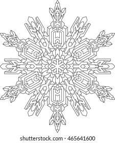 Outlines of snowflake in mono line style for coloring book. Vector geometric pattern. 