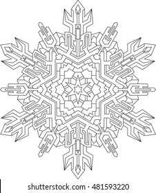 Outlines of snowflake in mono line style for coloring book. Vector geometric pattern. 