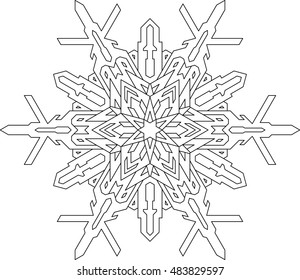 Outlines of snowflake in mono line style for coloring book. Vector geometric pattern. 
