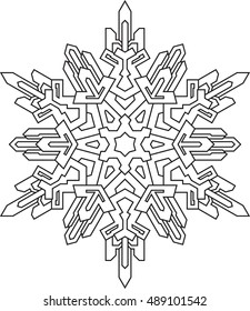 Outlines of snowflake in mono line style for coloring, coloring book. Vector geometric pattern. 