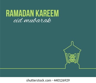 Outlines Style Lantern Illustration, Ramadan Kareem Greeting Card Design - Arabic "Eid Mubarak", "be Blessed" at English