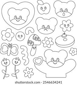 Esquemas de oso de peluche, manzana, mariposa, flor, hongo, corazón para personaje de dibujos animados, cómic, mascota, animal print, zoológico, picnic, primavera, verano, naturaleza, jardín, libro para colorear para niños, arte, pintura