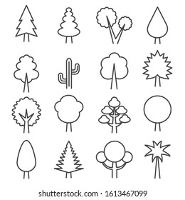 Outlines tree simple icons. Ecology abstract minimal graphical symbols of wood park isolated vector pictogram set
