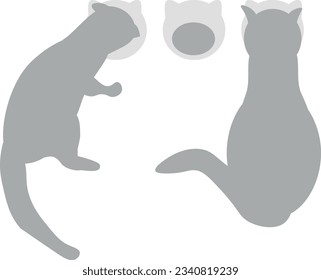 El contorno de dos gatos. Los gatitos comen. Ilustración en tonos grises. Animales cortos para la cubierta