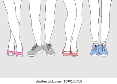 Outlines of woman's legs in different poses and with different shoes on feet, classic and sport styles. Concept of fashion and beauty trends in lady footwear. Coloring is available