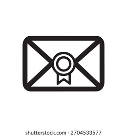 Un icono de correo certificado de estilo de contorno con un sobre marcado con un sello circular y una cinta, que representa documentos oficiales, comunicación verificada o correspondencia sellada. Ideal para App, nosotros