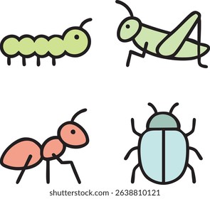Outline-style icons of a caterpillar, grasshopper, honey bee, and ladybug in bold lines on white background.
