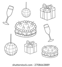 An outline-style New Year 2026 pattern with neat strokes and clear motifs, suitable for coloring pages, minimal projects, seamless backgrounds, and stylish festive visuals.