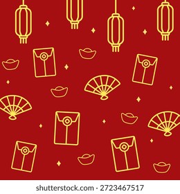 Nahtloses Muster im Outline-Stil, das chinesische Laternen, Handlüfter, rote Umschläge und Goldbarren auf tiefrotem Hintergrund kombiniert. Perfekt für klassische Mond-Neujahrsdekorationen, festliche Prints und saisonale Merchandise.