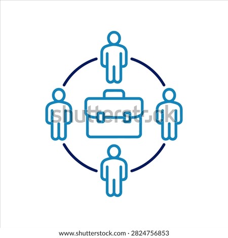 An outline-style vector icon illustrating a business network concept with four stylized human figures arranged in a circle around a central briefcase.