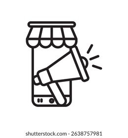 An outline-style vector illustration of mobile marketing, created as part of a financial strategy set. Perfect for business presentations, websites, marketing materials, and editorial use