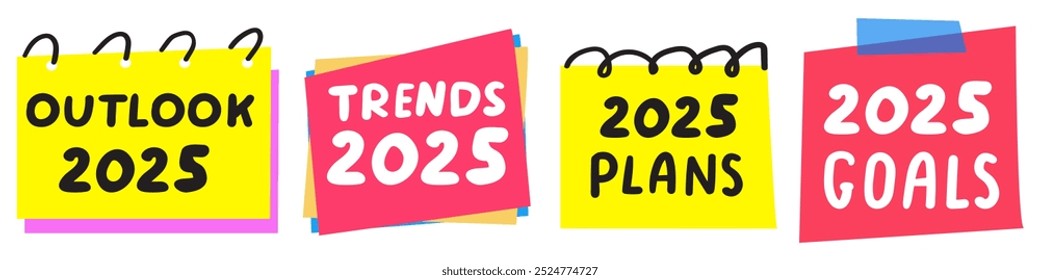 Ausblick, Trends, Pläne, Ziele 2025. Satz von Papiernotizen. Handgezeichnetes Design. Abbildungen auf weißem Hintergrund.