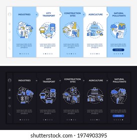 Out-of-doors air pollution onboarding vector template. Responsive mobile website with icons. Web page walkthrough 5 step screens. Vehicle, industry night and day mode concept with linear illustrations