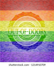 Out-of-doors on mosaic background with the colors of the LGBT flag