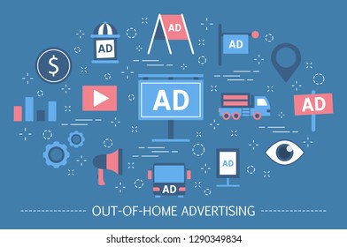 Out-of-home advertising concept. Billboard banner and street poster, promotion outdoor. Marketing strategy. OOH advertisement. Set of colorful icons. Isolated flat vector illustration