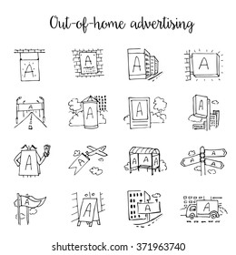 Out-of-home sketchy icon set. 16 advertising medium symbols in urban environment. Use it for web site, brandbook, printing ads to present your service to clients