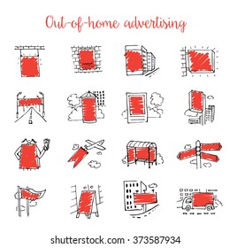 Out-of-home sketchy icon set. 16 advertising medium symbols in urban environment. Use it for web site, brand book, printing ads to present your service to clients