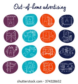 Out-of-home sketchy icon set with circle background. 16 advertising medium symbols in urban environment: 