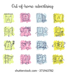 Out-of-home sketchy icon set with fancy stain background. 16 advertising medium symbols in urban environment: 