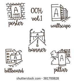 Out-of-home Sketchy Icon Set Vol.1. Advertising Medium Symbols In Urban Environment.  Use It For Web Site, Brand Book, Printing Ads To Present Service Of Advertising Agency To Clients