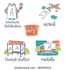 Out-of-home Sketchy Icon Set Vol.2. Advertising Medium Symbols In Urban Environment.  Use It For Web Site, Brandbook, Printing Ads To Present Service Of Advertising Agency To Clients