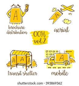 Out-of-home Sketchy Icon Set Vol.2. Advertising Medium Symbols In Urban Environment.  Use It For Web Site, Brandbook, Printing Ads To Present Service Of Advertising Agency To Clients