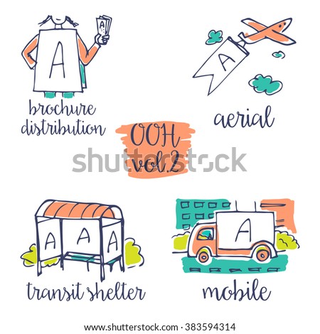 Out-of-home sketchy icon set vol.2. Advertising medium symbols in urban environment.  Use it for web site, brandbook, printing ads to present service of advertising agency to clients