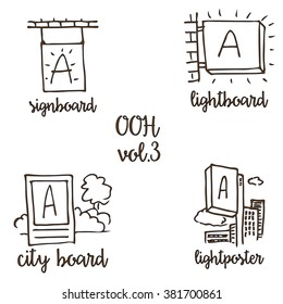 Out-of-home Sketchy Icon Set Vol.3. Advertising Medium Symbols In Urban Environment.  Use It For Web Site, Brand Book, Printing Ads To Present Service Of Advertising Agency To Clients