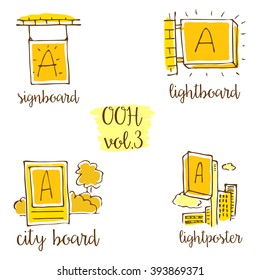 Out-of-home Sketchy Icon Set Vol.3. Advertising Medium Symbols In Urban Environment.  Use It For Web Site, Brandbook, Printing Ads To Present Service Of Advertising Agency To Clients