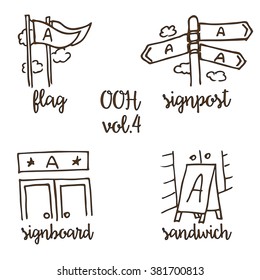 Out-of-home Sketchy Icon Set Vol.4. Advertising Medium Symbols In Urban Environment.  Use It For Web Site, Brand Book, Printing Ads To Present Service Of Advertising Agency To Clients