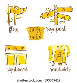 Out-of-home Sketchy Icon Set Vol.4. Advertising Medium Symbols In Urban Environment.  Use It For Web Site, Brandbook, Printing Ads To Present Service Of Advertising Agency To Clients