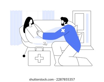 Ilustración vectorial del concepto abstracto de la atención aguda fuera del hospital. El grupo de paramédicos uniformados ayuda al paciente en casa, a los servicios médicos de emergencia, fuera de la metáfora abstracta de ayuda aguda del hospital.