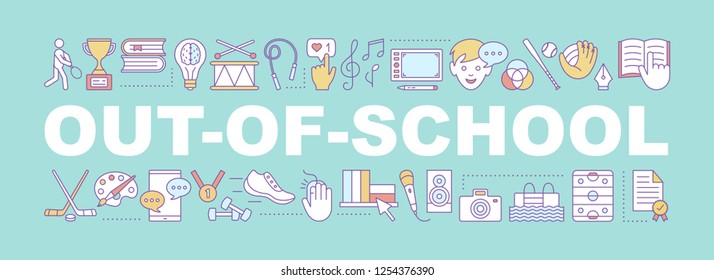 Out-of-school learning word concepts banner. After school activities. Children leisure time. Isolated lettering typography idea with linear icons. Vector outline illustration