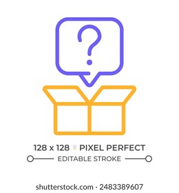 Out-of-the-box question two color line icon. Open box and question mark bicolor outline symbol. Unexpected question. Creative inquiry. Duotone linear pictogram. Isolated illustration. Editable stroke