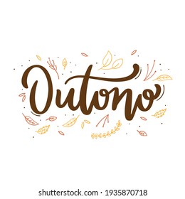 Outono. Autumn. Brazilian Portuguese Hand Lettering with leaf hand draw for seasons. Vector.