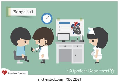 Outpatient department ( OPD ) in hospital . Doctor ( Cardiologist ) use stethoscope to exam patient . Vector . Flat design .