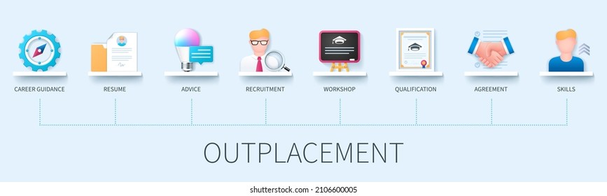 Outplacement banner with icons. Career guidance, resume, advice, recruitment, workshop, qualification, agreement, skills. Business concept. Web vector infographic in 3D style