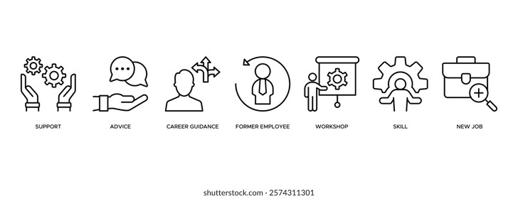 Outplacement banner web icon illustration concept with icon of support, advice, career guidance, former employer, workshop, skills, new job, training, and presentation