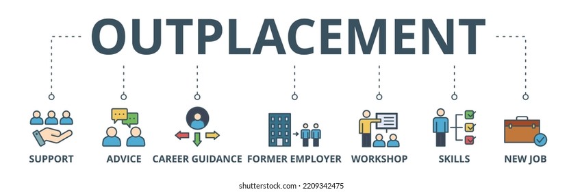 Outplacement banner web icon vector illustration concept with icon of support, advice, career guidance, former employer, workshop, skills, new job, training, and presentation