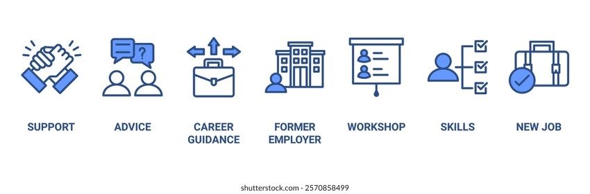 Outplacement banner web icon vector illustration concept with icon of support, advice, career guidance, former employer, workshop, skills, new job, training, and presentation