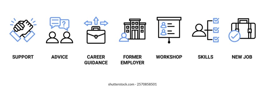 Outplacement banner web icon vector illustration concept with icon of support, advice, career guidance, former employer, workshop, skills, new job, training, and presentation