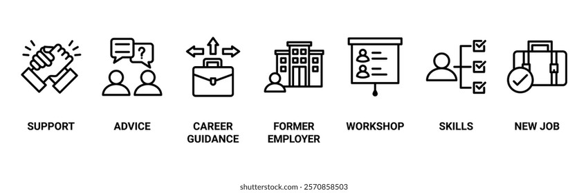 Outplacement banner web icon vector illustration concept with icon of support, advice, career guidance, former employer, workshop, skills, new job, training, and presentation