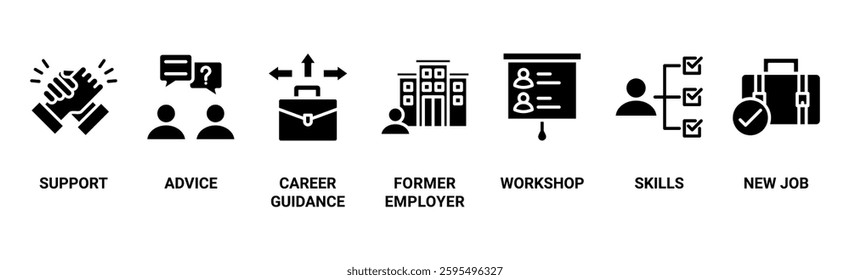 Outplacement banner web icon vector illustration concept with icon of support, advice, career guidance, former employer, workshop, skills, new job, training, and presentation