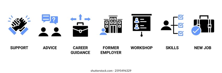 Outplacement banner web icon vector illustration concept with icon of support, advice, career guidance, former employer, workshop, skills, new job, training, and presentation