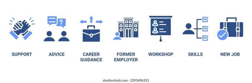 Outplacement banner web icon vector illustration concept with icon of support, advice, career guidance, former employer, workshop, skills, new job, training, and presentation
