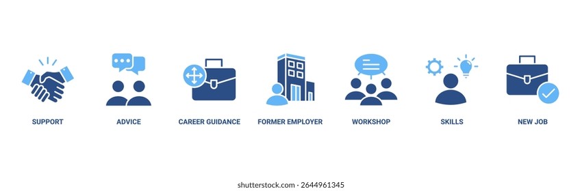 Outplacement Banner Web-Symbol Vektorgrafik-Konzept mit Symbol für Unterstützung, Beratung, Berufsberatung, ehemaliger Arbeitgeber, Workshop, Fähigkeiten, neue Arbeit, Ausbildung und Präsentation