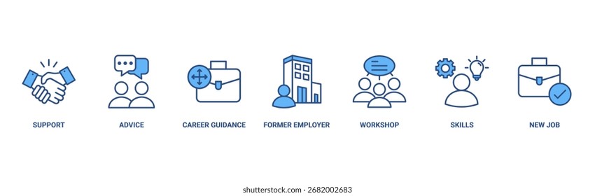 Outplacement banner web icon vetor illustration concept with icon of support, advice, professional guidance, former employee, workshop, skills, new job, training, and presentation (Conceito de ilustração vetorial de ícone da Web de banner de outplacement com ícone de suporte, aconselhamento, orientação de carreira, ex-empregador, workshop, habilidades, novo emprego, treinamento e apresentação)
