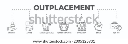 Outplacement banner web icon vector illustration concept with icon of support, advice, career guidance, former employer, workshop, skills, new job, training, and presentation
